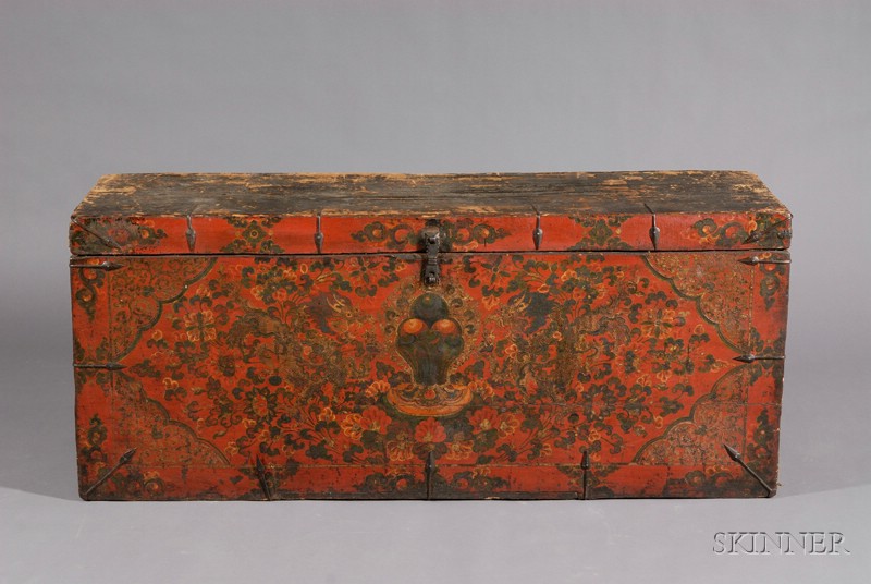 Appraisal: Storage Chest Tibet th century surface painted with dragons flanking