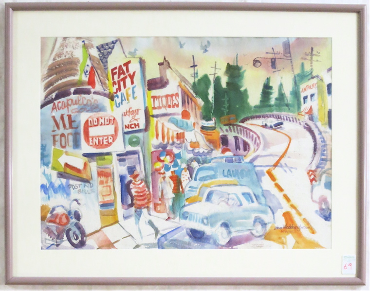 Appraisal: JOHN WADDINGHAM WATERCOLOR ON PAPER Oregon - Multnomah Village street