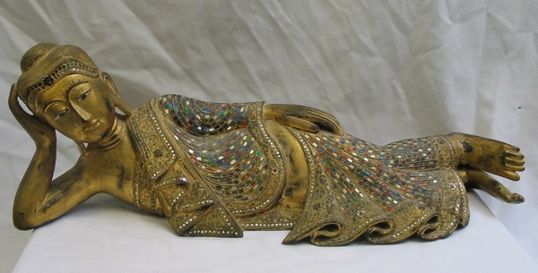 Appraisal: A GILTWOOD HAND-CARVED FIGURE of a reclining Buddha inlaid with