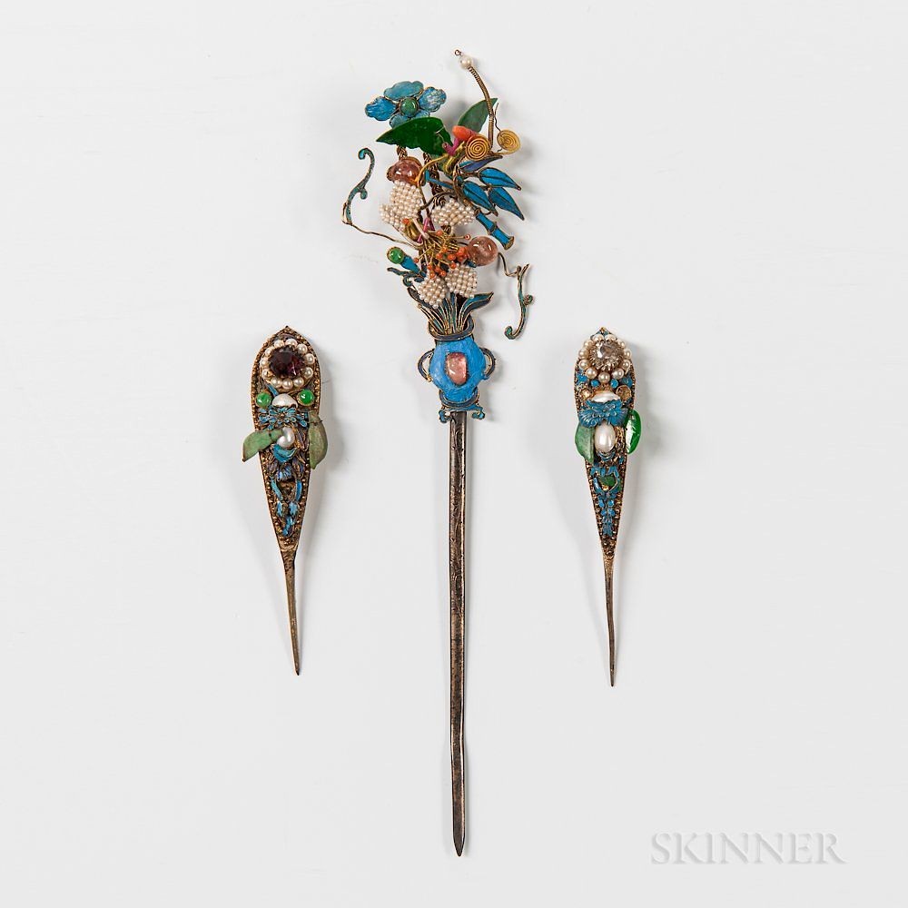 Appraisal: Ornamental Kingfisher Feather Hairpins Ornamental Kingfisher Feather Hairpins China th