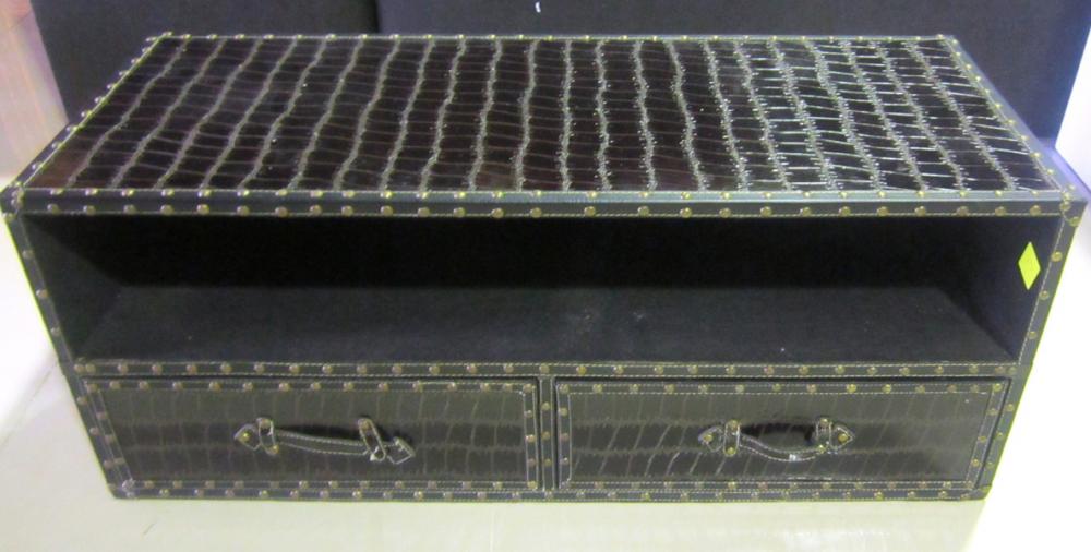 Appraisal: A BLACK LEATHER TRUNK WITH TOP SHELF TWO DRAWERS HANDLE