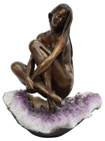 Appraisal: Patinated bronze sculpture Female Nude seated on amethyst geode base