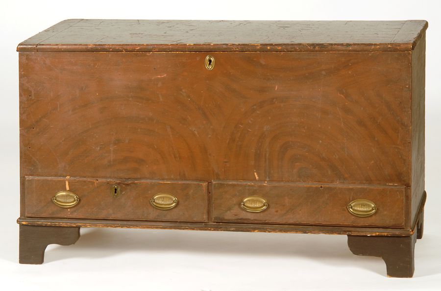 Appraisal: ANTIQUE AMERICAN LIFT-TOP BLANKET CHEST With grain-painted decoration and name