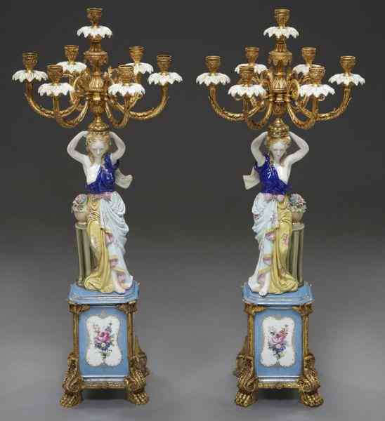 Appraisal: Pr Sevres style porcelain and bronze candelabraeach modeled as a