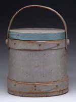 Appraisal: GRAY PAINTED COVERED FURKIN Antique furkin has lap joints swing