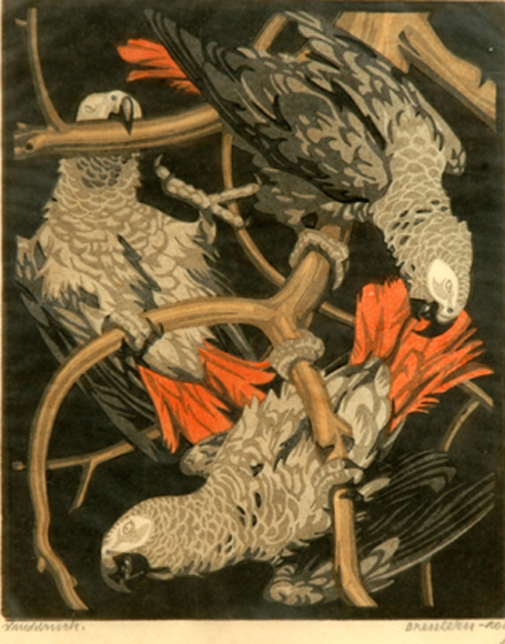 Appraisal: Norbertine von Bresslern Roth Austrian - Three Cockatoos hand-coloured woodcut