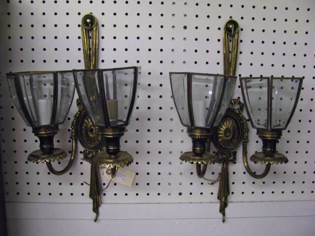 Appraisal: Pair of Wall Sconces beveled glass brass finish double light