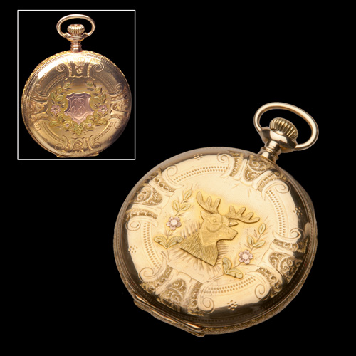 Appraisal: ELGIN Gentleman's hunt case pocket watch decorated with a stag