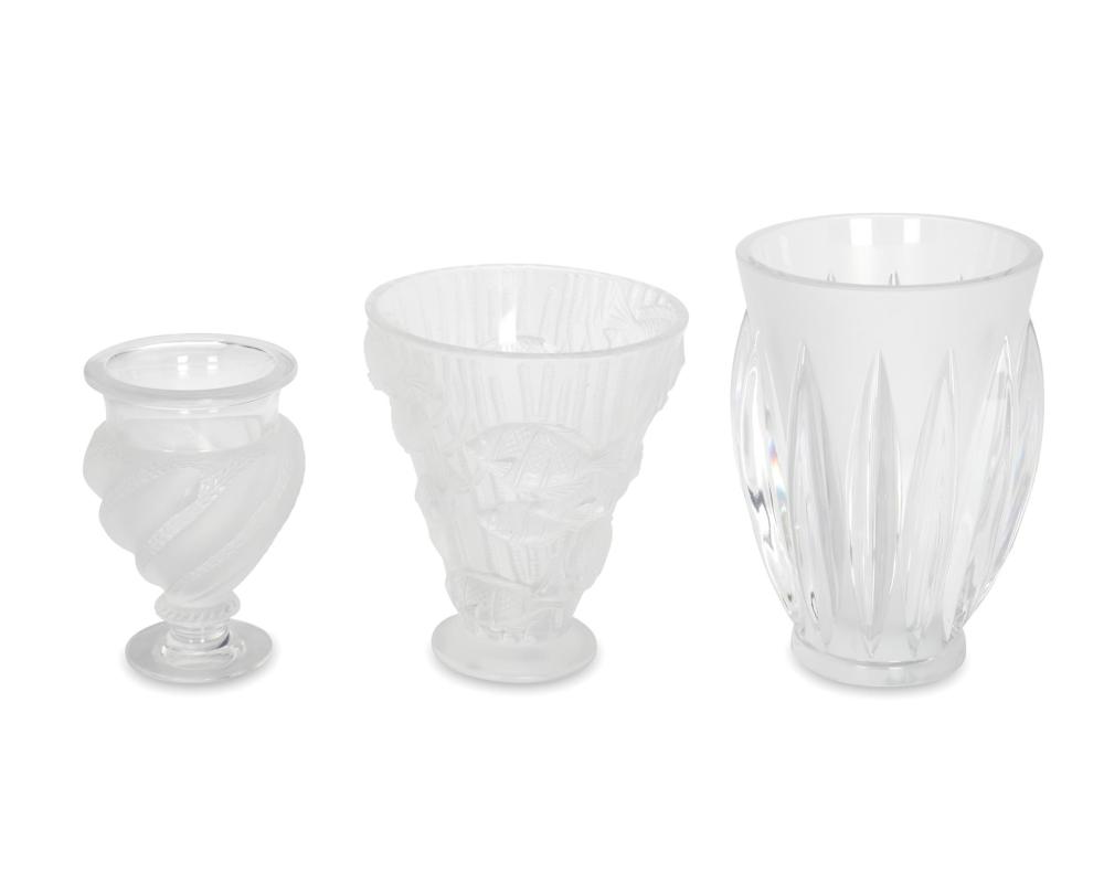 Appraisal: THREE LALIQUE CRYSTAL VASESThree Lalique crystal vases Three works A