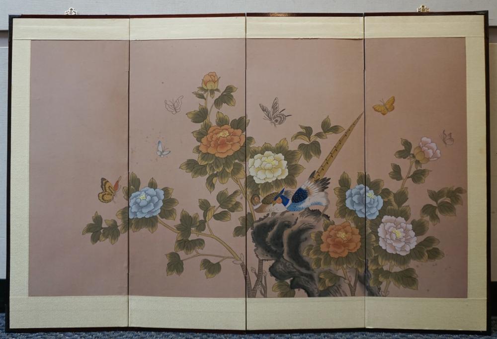 Appraisal: CHINESE BIRDS ON BRANCH FOUR-FOLD TABLE SCREEN X IN X