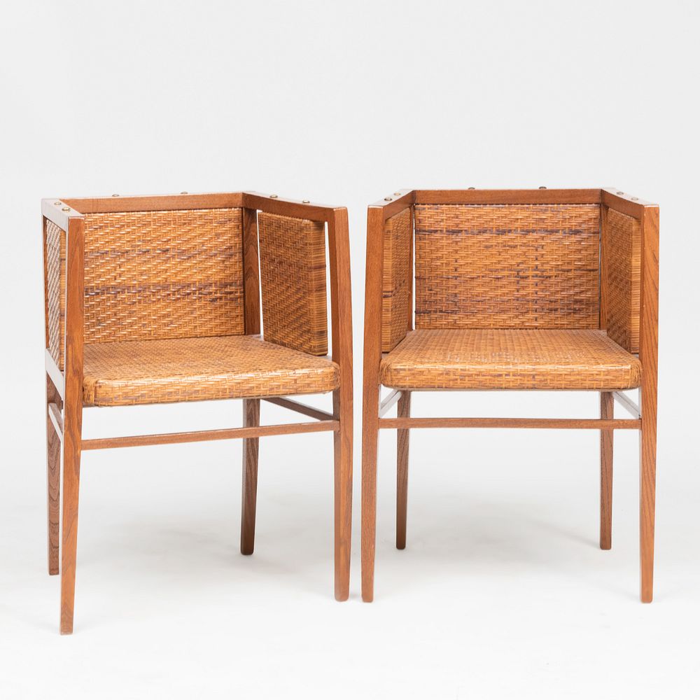 Appraisal: Pair of Wilhelm Schmidt Oak and Cane Armchairs x x