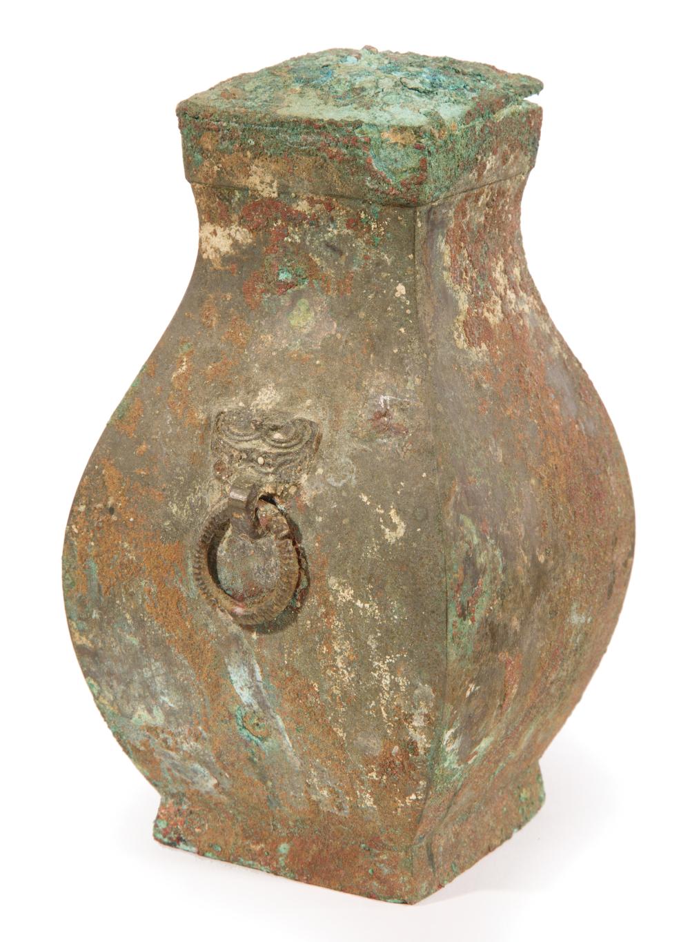 Appraisal: Chinese Bronze Covered Wine Jar Fanghu probably Han Dynasty BCE