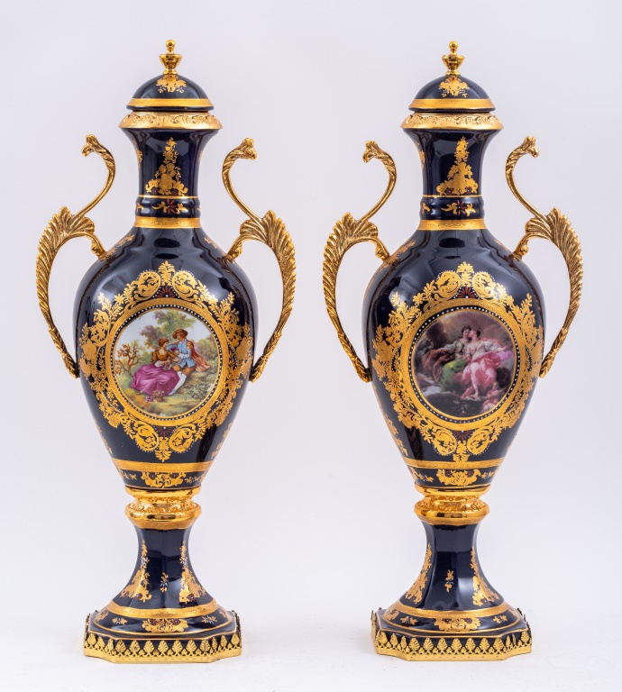 Appraisal: LIMOGES GILT METAL MOUNTED PORCELAIN VASES PAIR Pair of covered