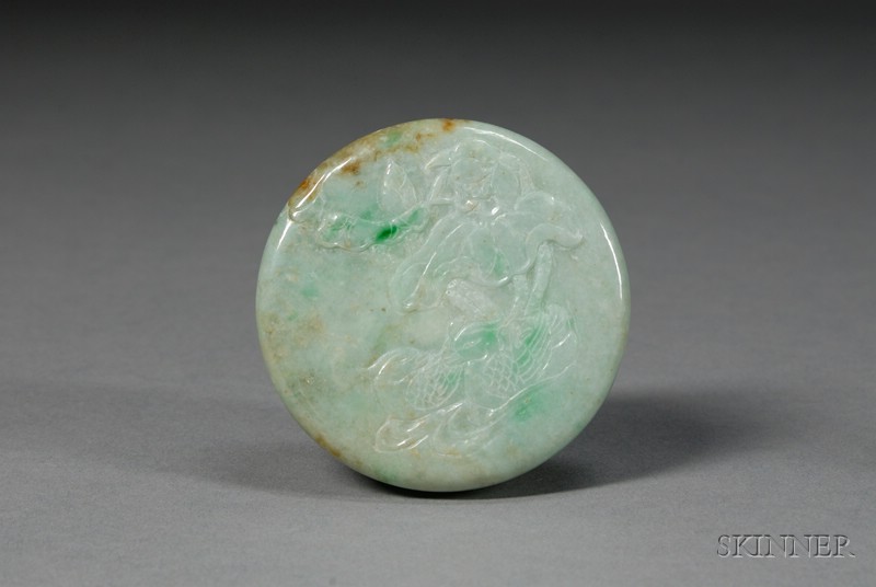 Appraisal: Jade Incense Box pale green stone with bright markings surface