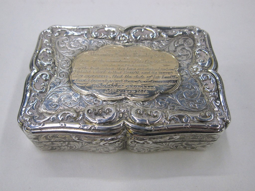 Appraisal: Victorian embossed silver presentation snuff box by Nathaniel Mills Birmingham