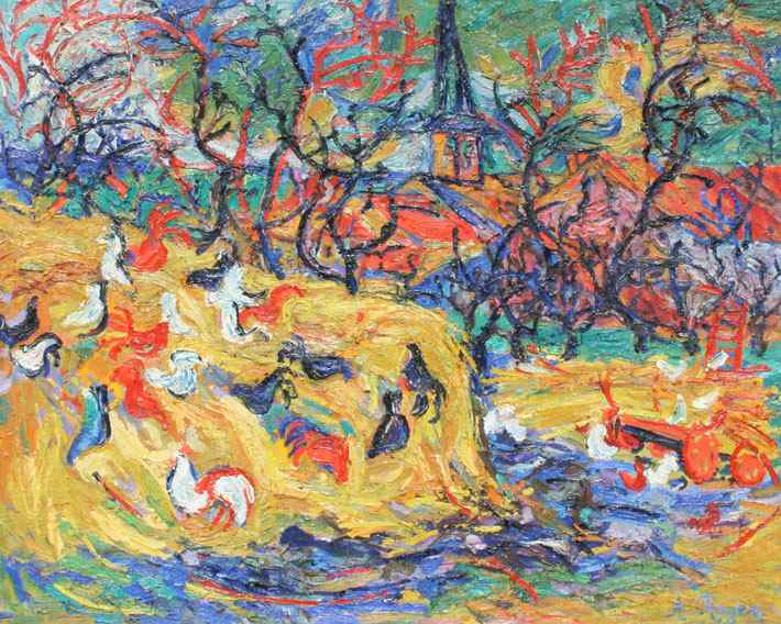 Appraisal: LARGE AND IMPRESSIVE IMPRESSIONIST COUNTRY LANDSCAPE WITH BARNYARD AND CHICKENS