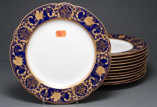 Appraisal: Twelve Wedgwood cobalt parcel-gilt banded china dinner plates in Diam