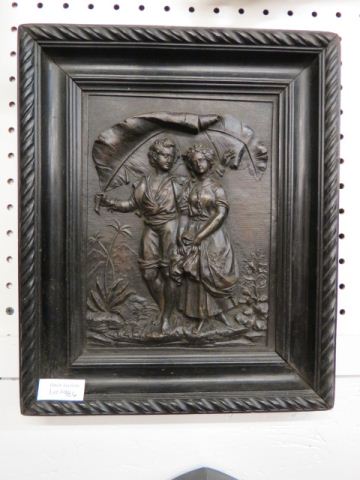 Appraisal: Carved Wooden Plaquewith young lovers th century bas-relief image area