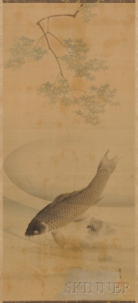 Appraisal: Hanging Scroll Depicting a Fish Japan ink and color on