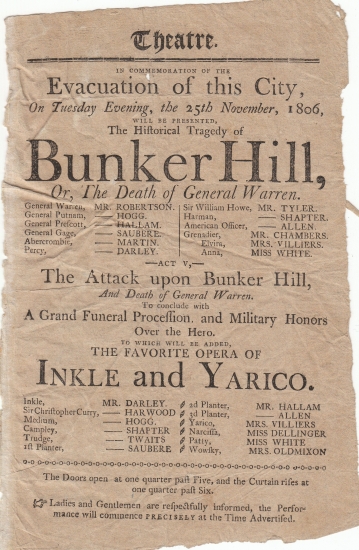 Appraisal: AMERICAN REVOLUTION Playbill for Bunker Hill or The Death of