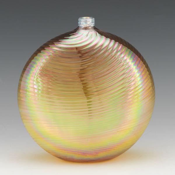 Appraisal: STUDIO ART GLASS VASE x Iridescent gold flask-shaped glass vase