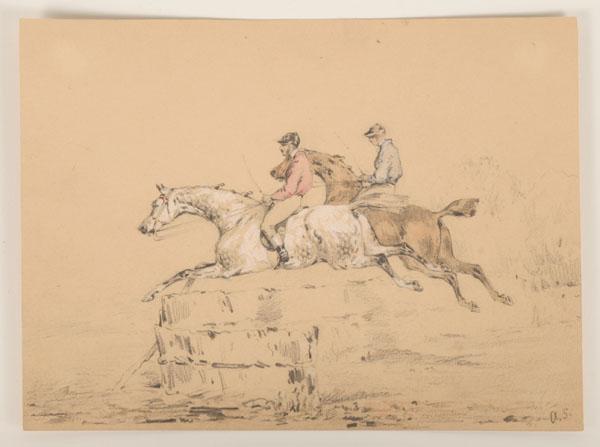 Appraisal: Nineteenth century steeplechase race with two jockeys on horseback riding