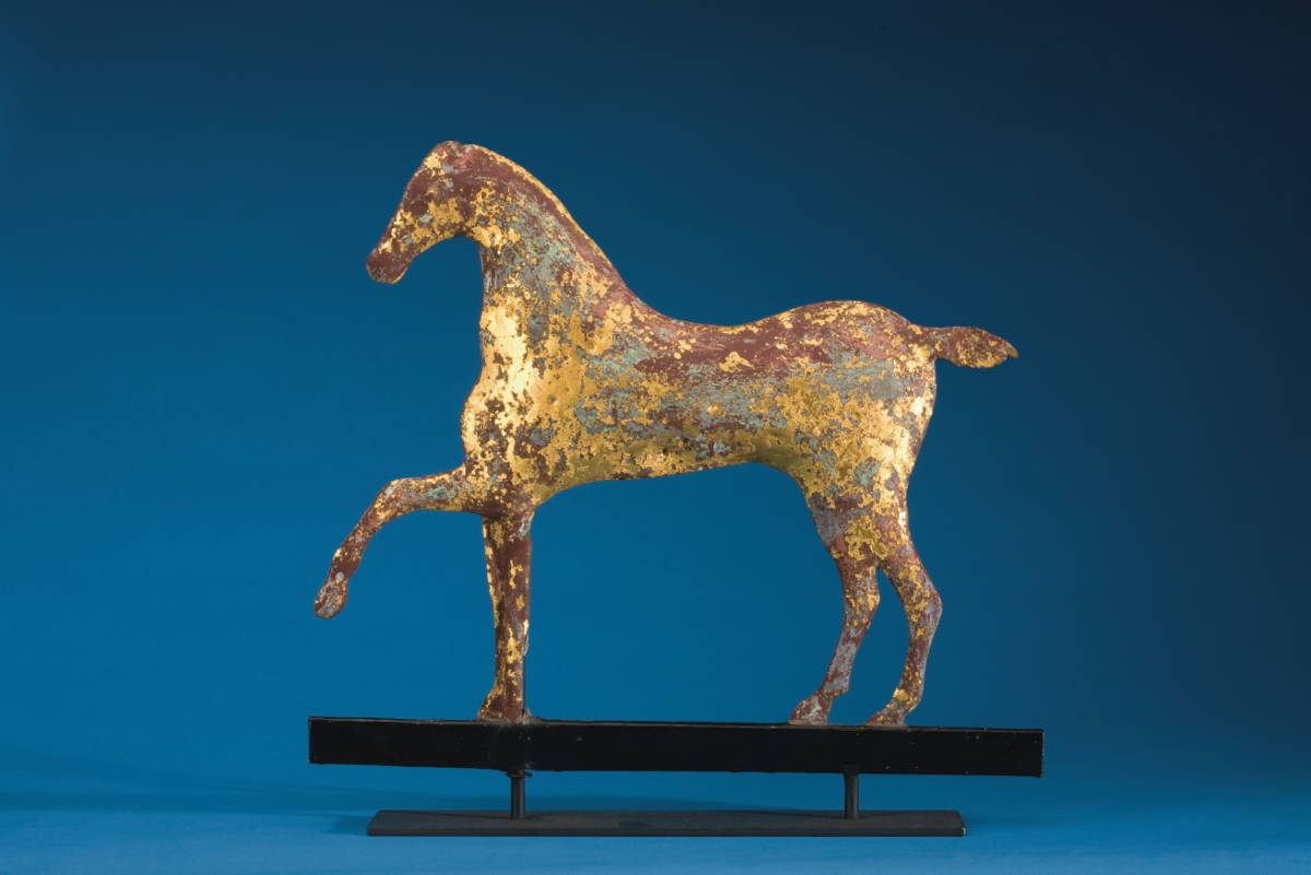 Appraisal: JEWELL DIMINUTIVE GILT-COPPER HORSE WEATHERVANE IN A PAWING POSITION Height