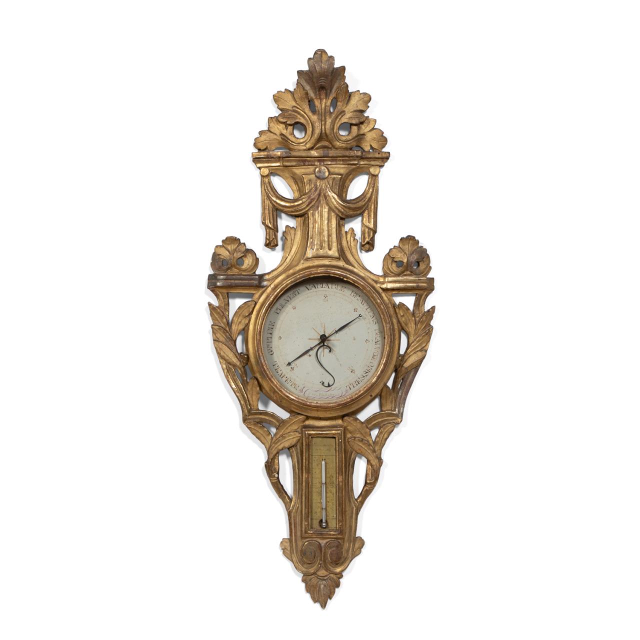 Appraisal: TH TH C LOUIS XVI GILTWOOD WALL BAROMETER French giltwood