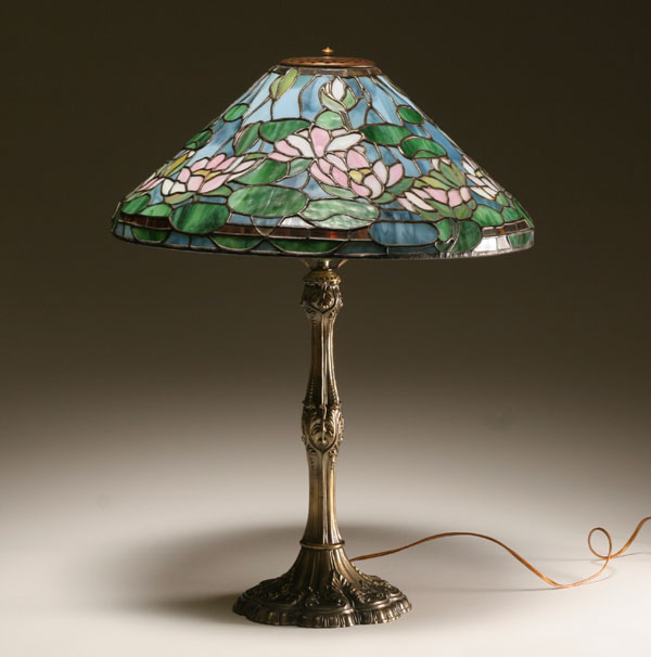 Appraisal: Tiffany style leaded glass lamp water lily patterned shade on