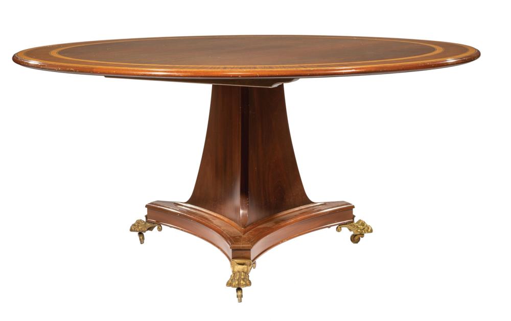 Appraisal: Regency-Style Inlaid Mahogany Dining Table banded top reverse tapered triangular