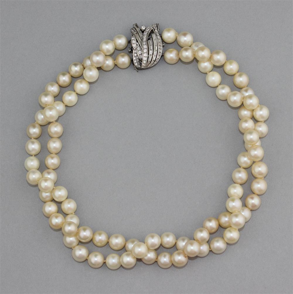 Appraisal: DOUBLE STRAND CULTURED PEARL NECKLACE WITH K WHITE GOLD AND