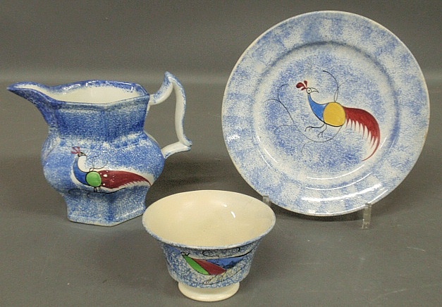 Appraisal: - Three pieces of Peafowl spatterware-pitcher h plate dia handleless