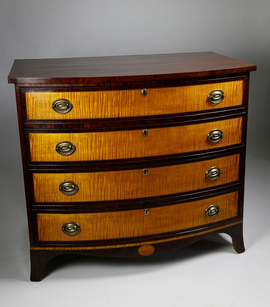 Appraisal: American Tiger Maple and Mahogany Bow Front Chest of Drawers