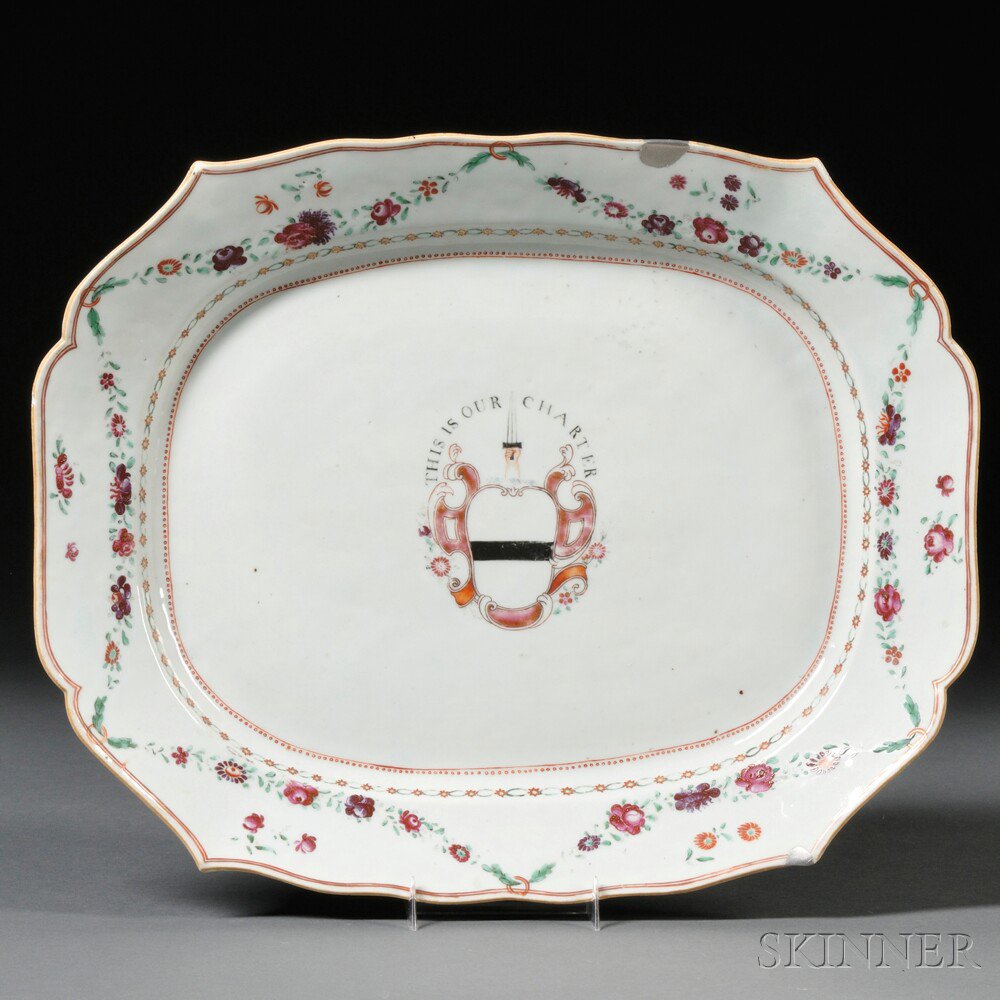 Appraisal: Chinese Export Porcelain Armorial Platter c oblong form with baroque