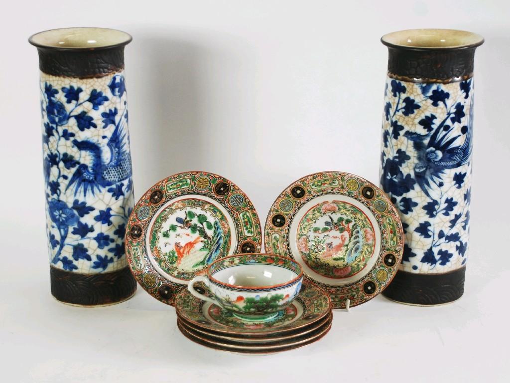 Appraisal: PAIR OF CHINESE BLUE AND WHITE SLEEVE VASES with manganese