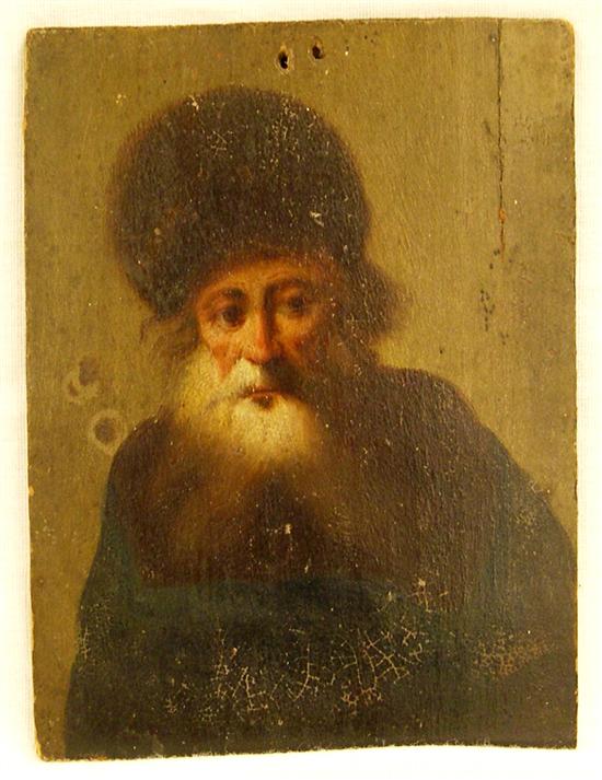 Appraisal: Miniature oil on wood panel of man in fur hat