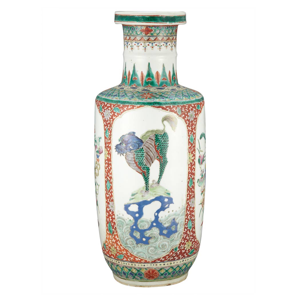 Appraisal: Chinese Famille Verte Glazed Porcelain Rouleau Vase th Century The