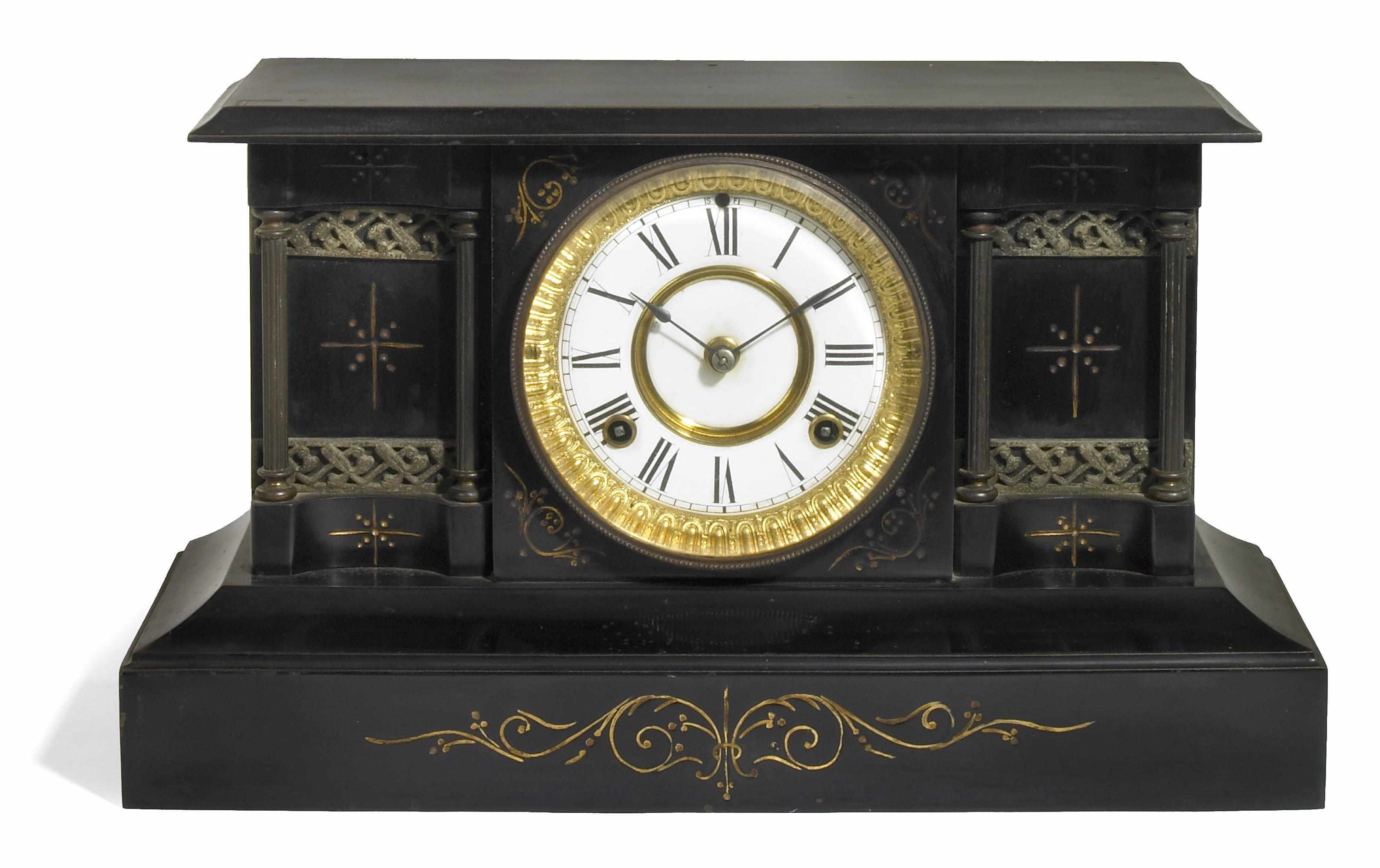 Appraisal: An American black slate mantel clock with gilt incised decoration