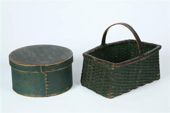 Appraisal: PANTRY BOX AND BASKET American Round bentwood pine box with