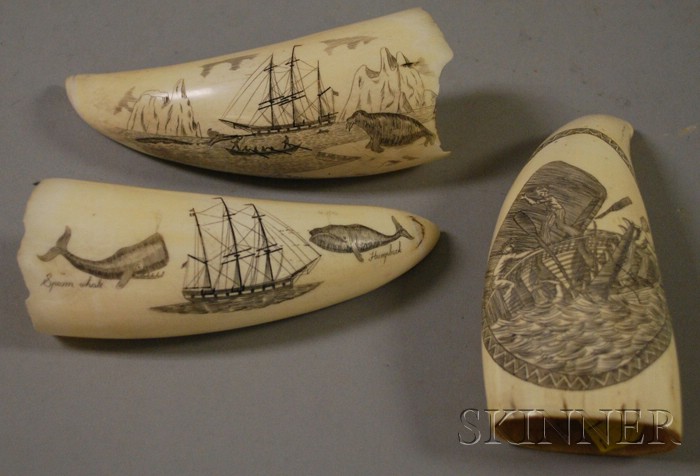 Appraisal: Three Small Scrimshaw Decorated Whale's Teeth one decorated with the