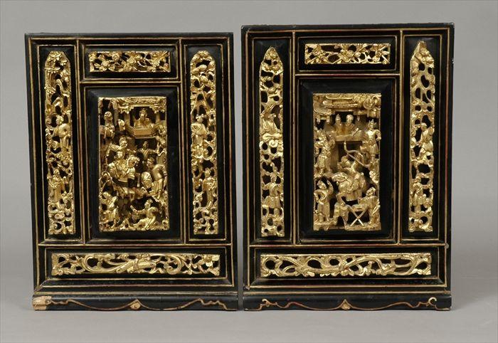 Appraisal: Pair of Chinese Carved Giltwood and Black Lacquer Panels x