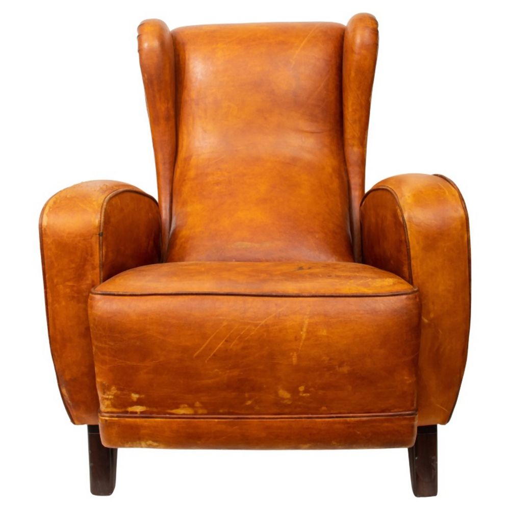 Appraisal: VINTAGE BROWN LEATHER WING BACK ARMCHAIR Vintage light brown leather