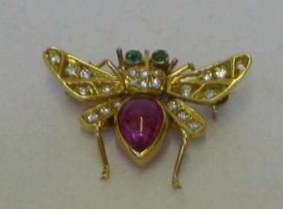 Appraisal: A RUBY DIAMOND AND EMERALD BROOCH modelled as a fly