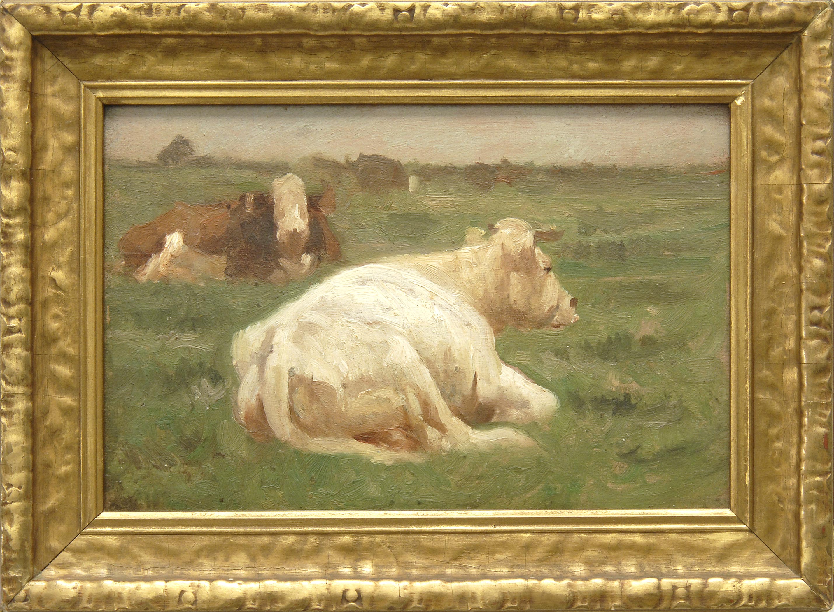 Appraisal: FRAMED PAINTING AMERICAN SCHOOL Early th Century Cows resting in