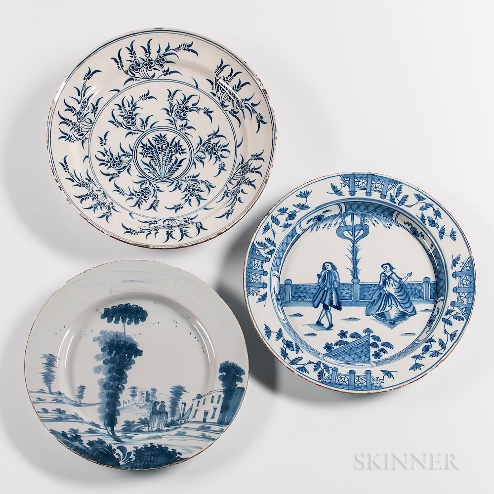 Appraisal: Three English Blue and White Tin-glazed Earthenware Chargers Three English