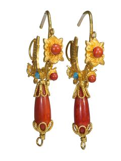 Appraisal: Pair of Tibetan red coral turquoise and k yellow gold