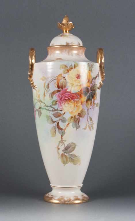 Appraisal: German rose decorated parcel-gilt china urn late th century double