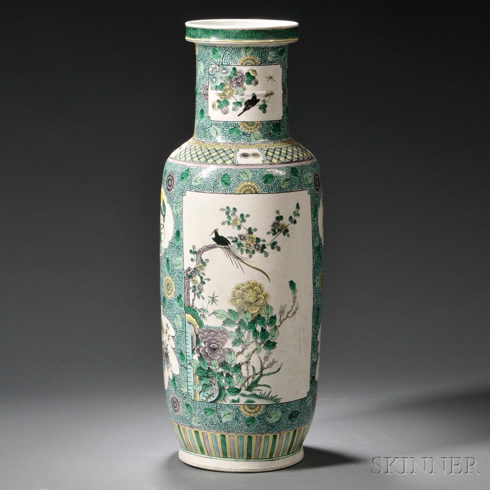 Appraisal: Famille Verte Vase China rouleau form decorated with floral motifs