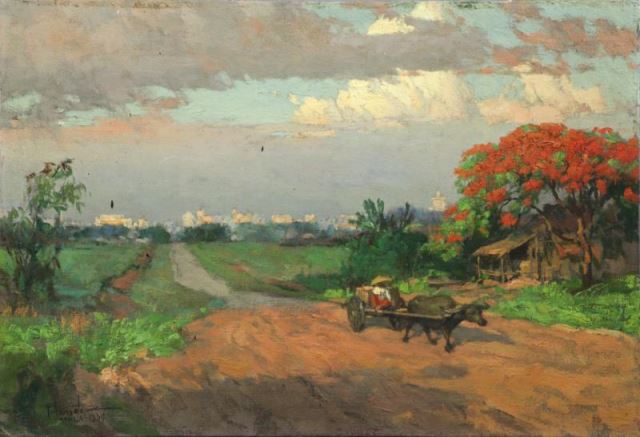 Appraisal: AMORSOLO Fernando C Manila Landscape with OxDrawn Cart Oil on