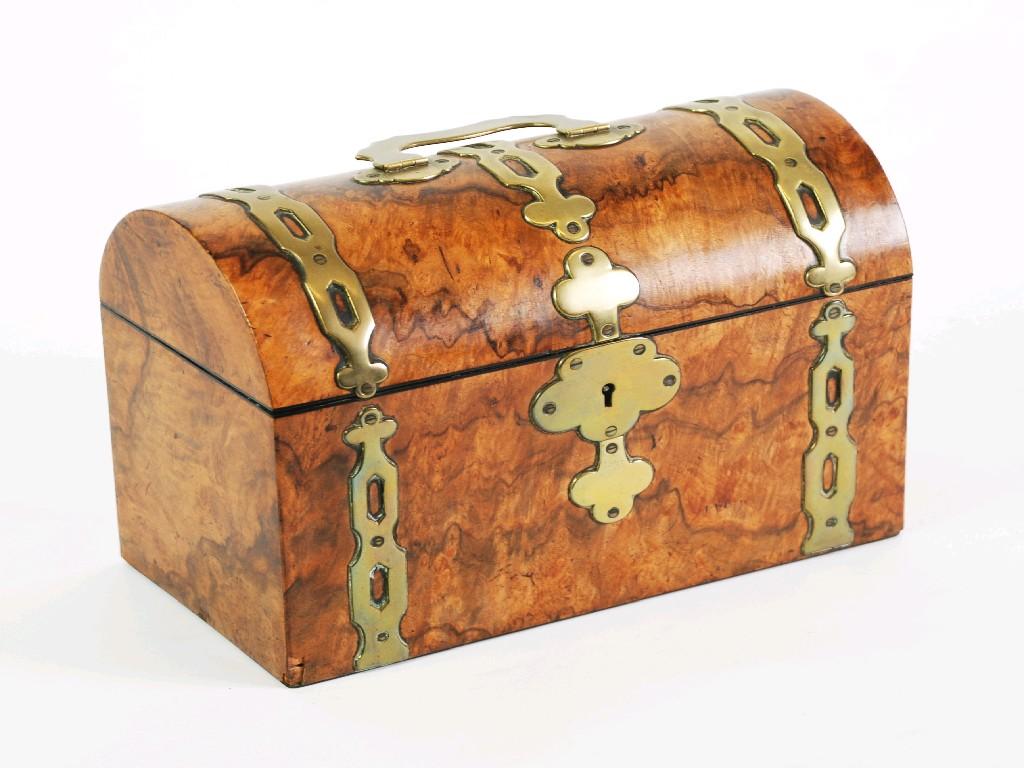 Appraisal: VICTORIAN BRASS BOUND WALNUT DOME TOP STATIONERY BOX with silk